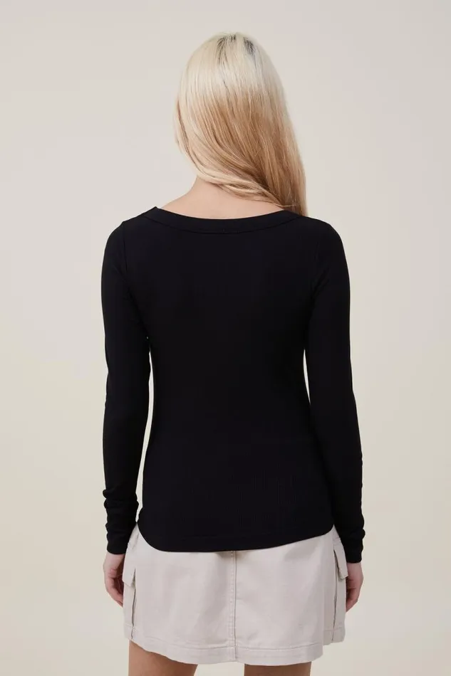 Cotton On Tops Staple Rib Scoop Neck Long Sleeve Top Black 8211 Women