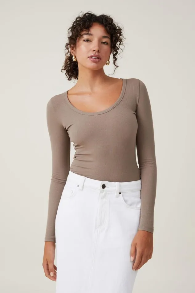 Cotton On Tops Staple Rib Scoop Neck Long Sleeve Top Rich Taupe Ii 8211 Women