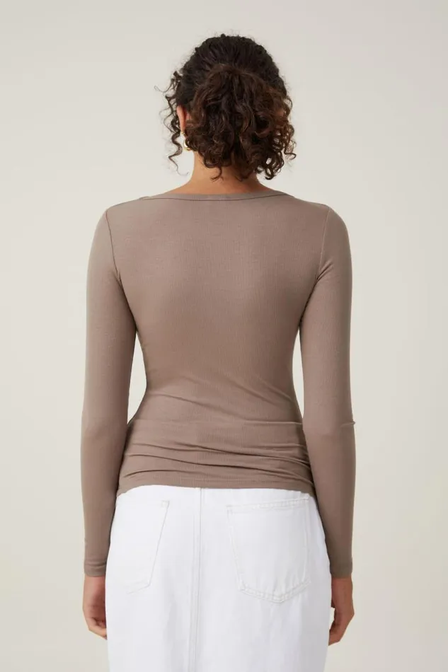 Cotton On Tops Staple Rib Scoop Neck Long Sleeve Top Rich Taupe Ii 8211 Women