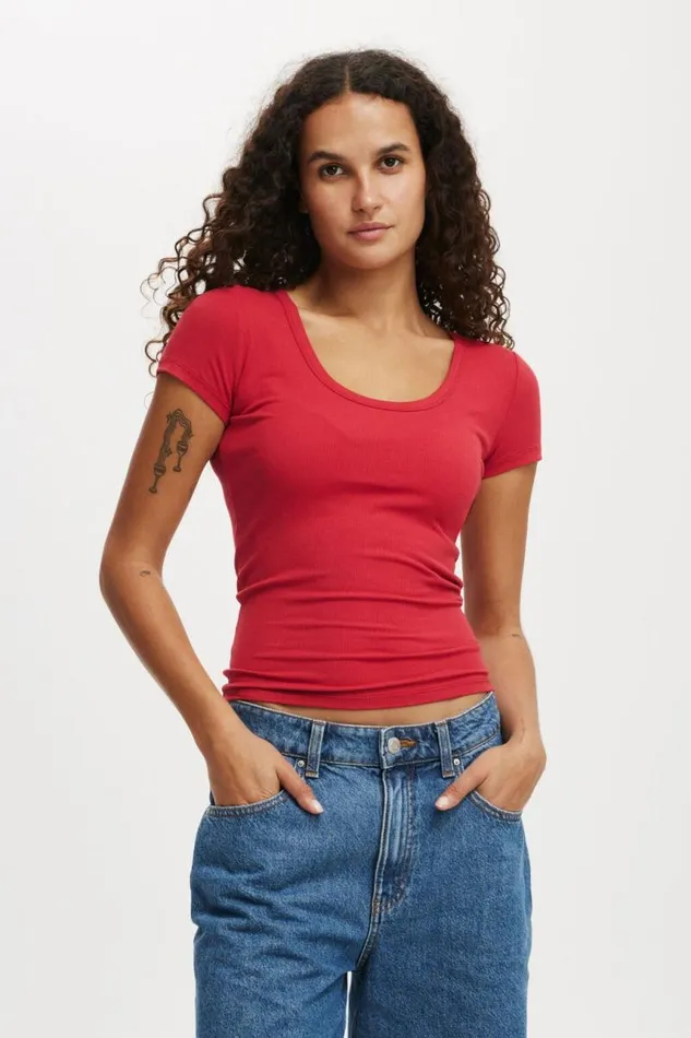 Cotton On Tops Staple Rib Scoop Neck Short Sleeve Top Crimson Kiss 8211 Women