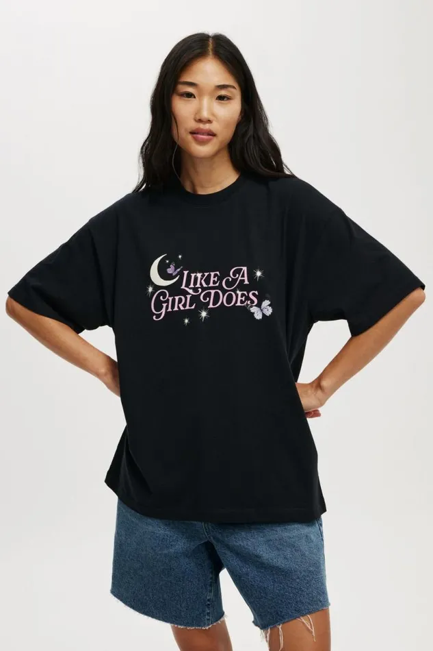 Cotton On Tops The Lcn Music Boxy Graphic Tee Lcn Br Peach Like A Girl Does Washed Black 8211 Women