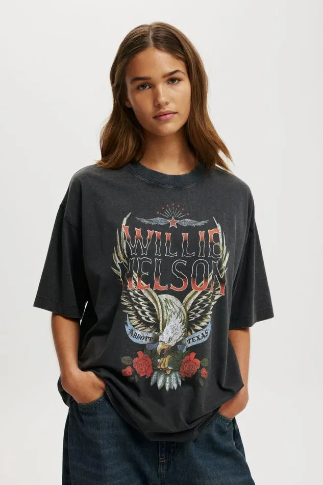 Cotton On Tops The Lcn Music Boxy Graphic Tee Lcn Bra Willie Nelson Eagle Washed Black 8211 Women