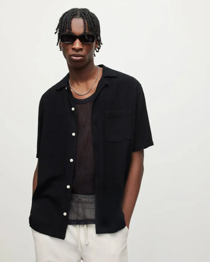 Cudi Linen Blend Relaxed Shirt Jet Black Men AllSaints Shirts
