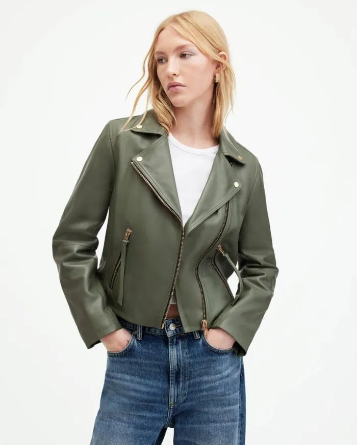 Dalby Slim Fit Leather Biker Jacket Deep Sage Green Women AllSaints Leather Jackets