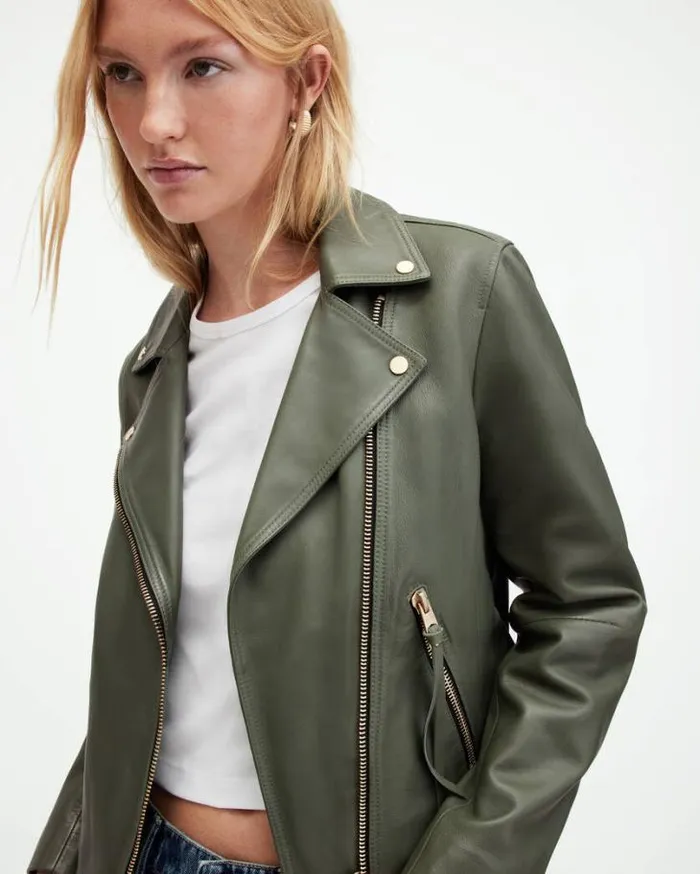 Dalby Slim Fit Leather Biker Jacket Deep Sage Green Women AllSaints Leather Jackets Dalby Slim Fit Leather Biker Jacket Deep Sage Green Women AllSaints Leather Jackets