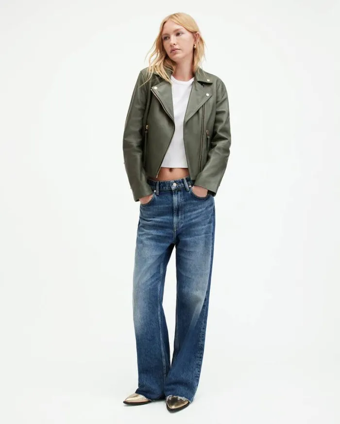 Dalby Slim Fit Leather Biker Jacket Deep Sage Green Women AllSaints Leather Jackets Dalby Slim Fit Leather Biker Jacket Deep Sage Green Women AllSaints Leather Jackets