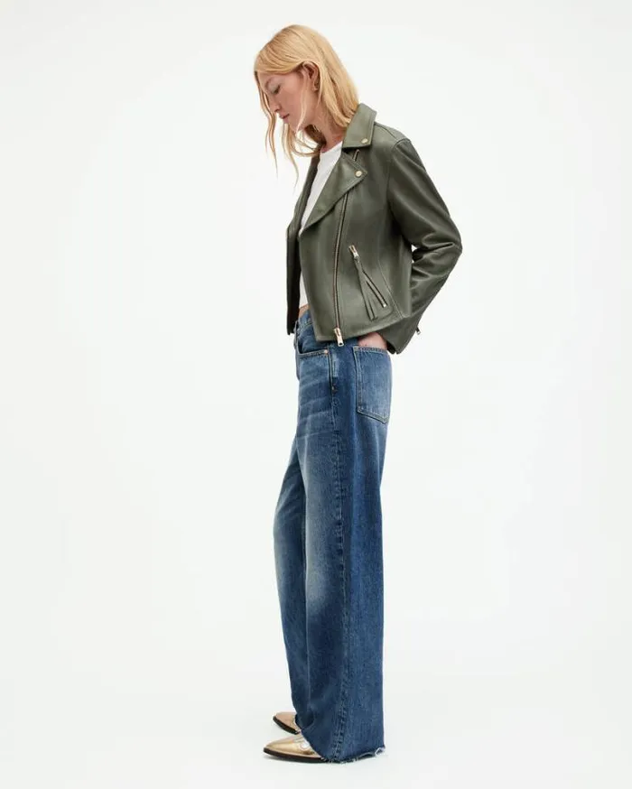 Dalby Slim Fit Leather Biker Jacket Deep Sage Green Women AllSaints Leather Jackets Dalby Slim Fit Leather Biker Jacket Deep Sage Green Women AllSaints Leather Jackets