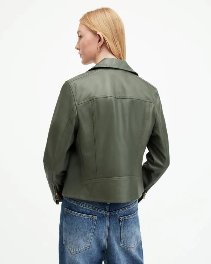 Dalby Slim Fit Leather Biker Jacket Deep Sage Green Women AllSaints Leather Jackets Dalby Slim Fit Leather Biker Jacket Deep Sage Green Women AllSaints Leather Jackets