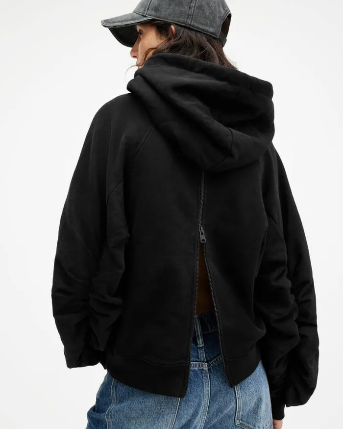Dana Relaxed Fit Back Zip Hoodie Black Women AllSaints Sweatshirts and Hoodies