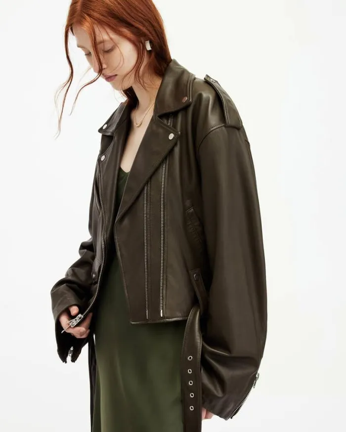 Dayle Oversized Leather Biker Jacket Army Green Women AllSaints Leather Jackets