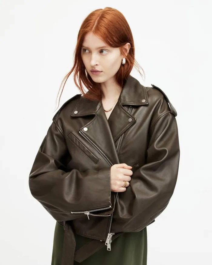 Dayle Oversized Leather Biker Jacket Army Green Women AllSaints Leather Jackets Dayle Oversized Leather Biker Jacket Army Green Women AllSaints Leather Jackets