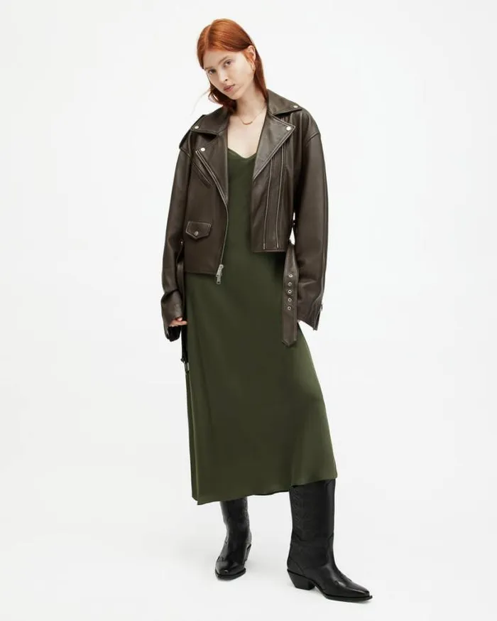 Dayle Oversized Leather Biker Jacket Army Green Women AllSaints Leather Jackets Dayle Oversized Leather Biker Jacket Army Green Women AllSaints Leather Jackets