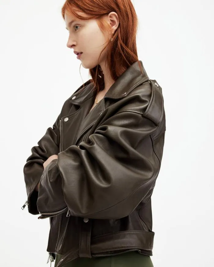 Dayle Oversized Leather Biker Jacket Army Green Women AllSaints Leather Jackets Dayle Oversized Leather Biker Jacket Army Green Women AllSaints Leather Jackets