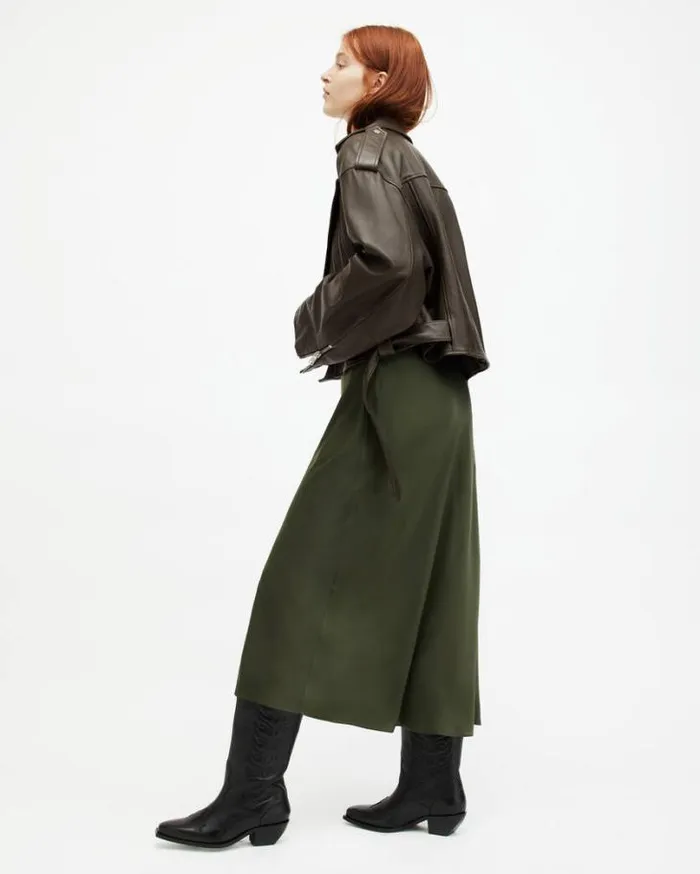 Dayle Oversized Leather Biker Jacket Army Green Women AllSaints Leather Jackets Dayle Oversized Leather Biker Jacket Army Green Women AllSaints Leather Jackets