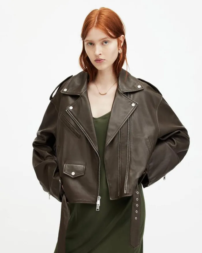 Dayle Oversized Leather Biker Jacket Army Green Women AllSaints Leather Jackets Dayle Oversized Leather Biker Jacket Army Green Women AllSaints Leather Jackets