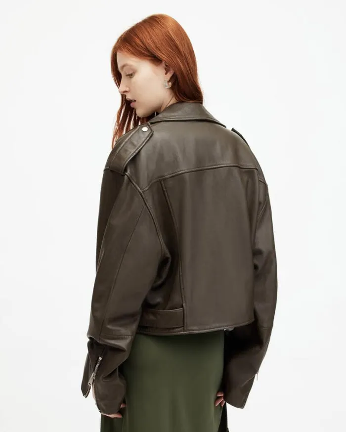 Dayle Oversized Leather Biker Jacket Army Green Women AllSaints Leather Jackets Dayle Oversized Leather Biker Jacket Army Green Women AllSaints Leather Jackets