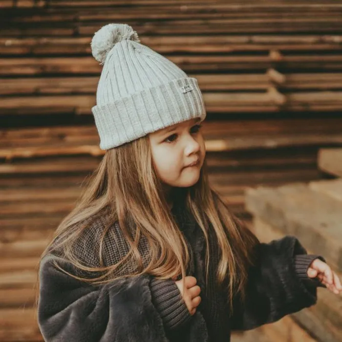Donsje Amsterdam Hats and Mittens Girls Poppom Hat Pale Grey Melange