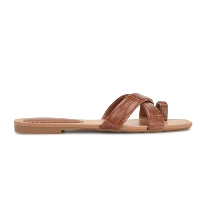 Dotty Flat Slide Sandals Rich Coffee Embossed Croco Women Nine West Low Heel