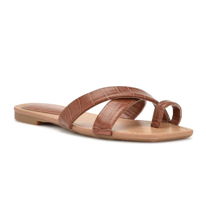 Dotty Flat Slide Sandals Rich Coffee Embossed Croco Women Nine West Low Heel Dotty Flat Slide Sandals Rich Coffee Embossed Croco Women Nine West Low Heel