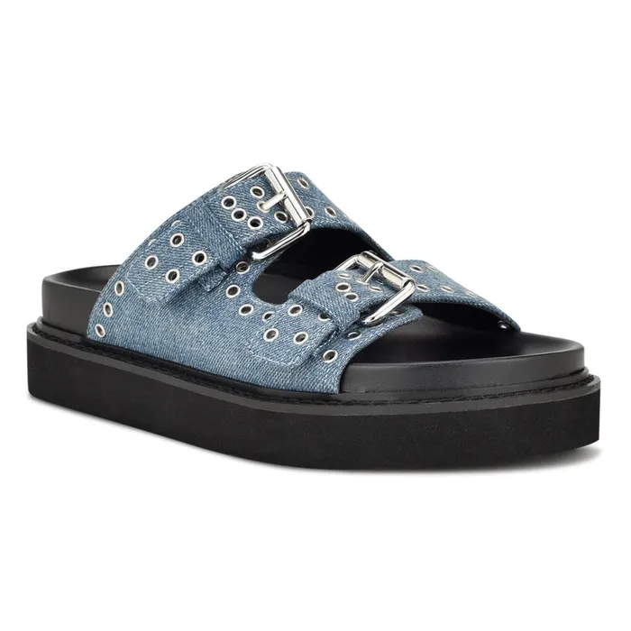 Eleny Buckle Slide Sandals Denim Women Nine West Flats