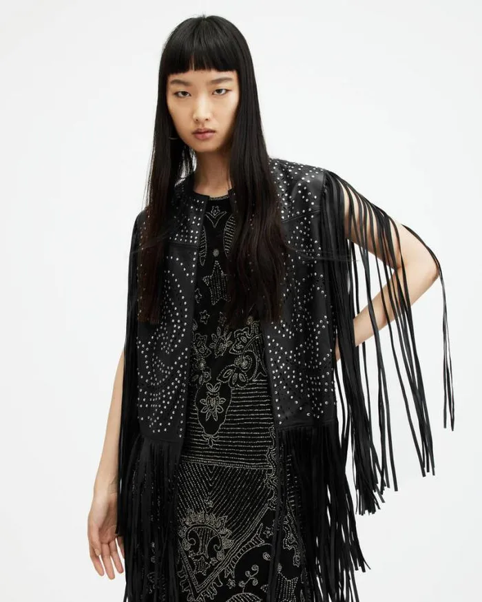 Elias Studded Tassel Leather Gilet Black Women AllSaints Leather Jackets