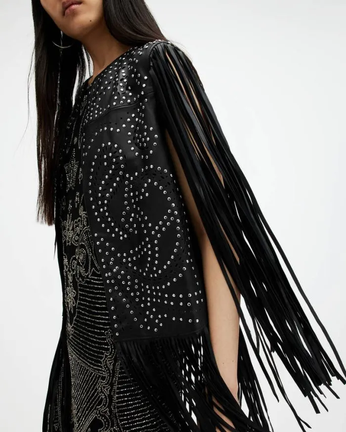 Elias Studded Tassel Leather Gilet Black Women AllSaints Leather Jackets