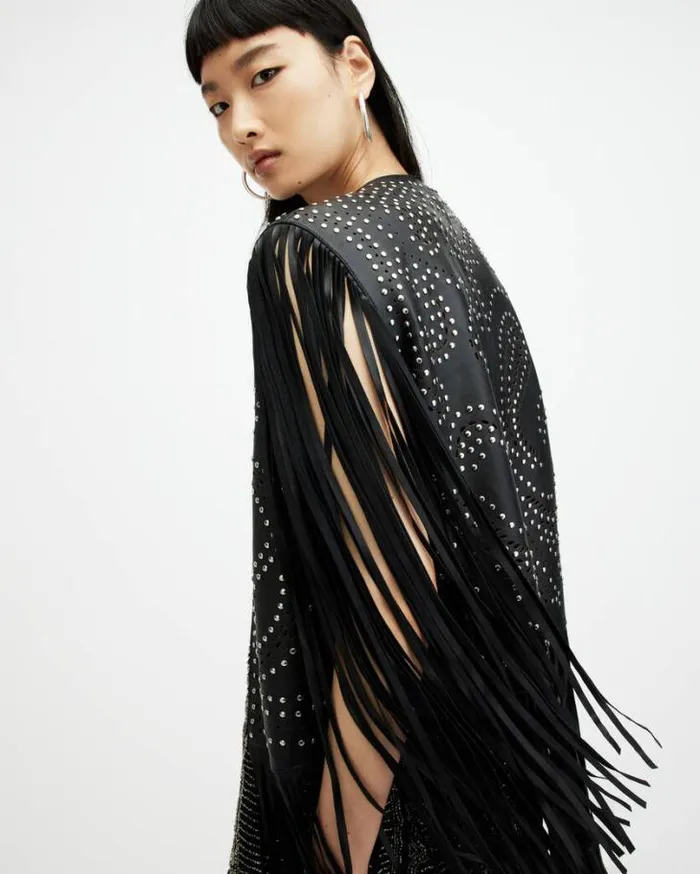 Elias Studded Tassel Leather Gilet Black Women AllSaints Leather Jackets