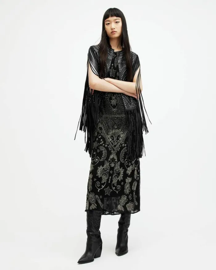 Elias Studded Tassel Leather Gilet Black Women AllSaints Leather Jackets