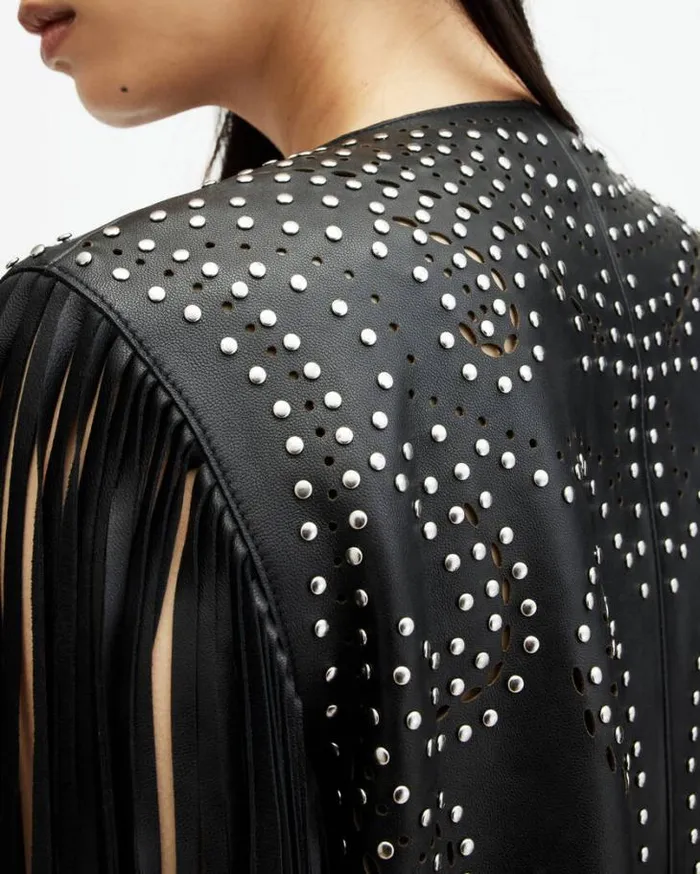Elias Studded Tassel Leather Gilet Black Women AllSaints Leather Jackets