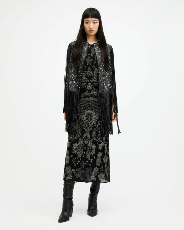 Elias Studded Tassel Leather Gilet Black Women AllSaints Leather Jackets