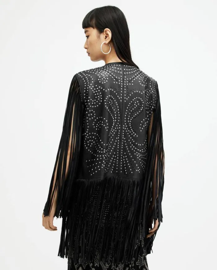 Elias Studded Tassel Leather Gilet Black Women AllSaints Leather Jackets