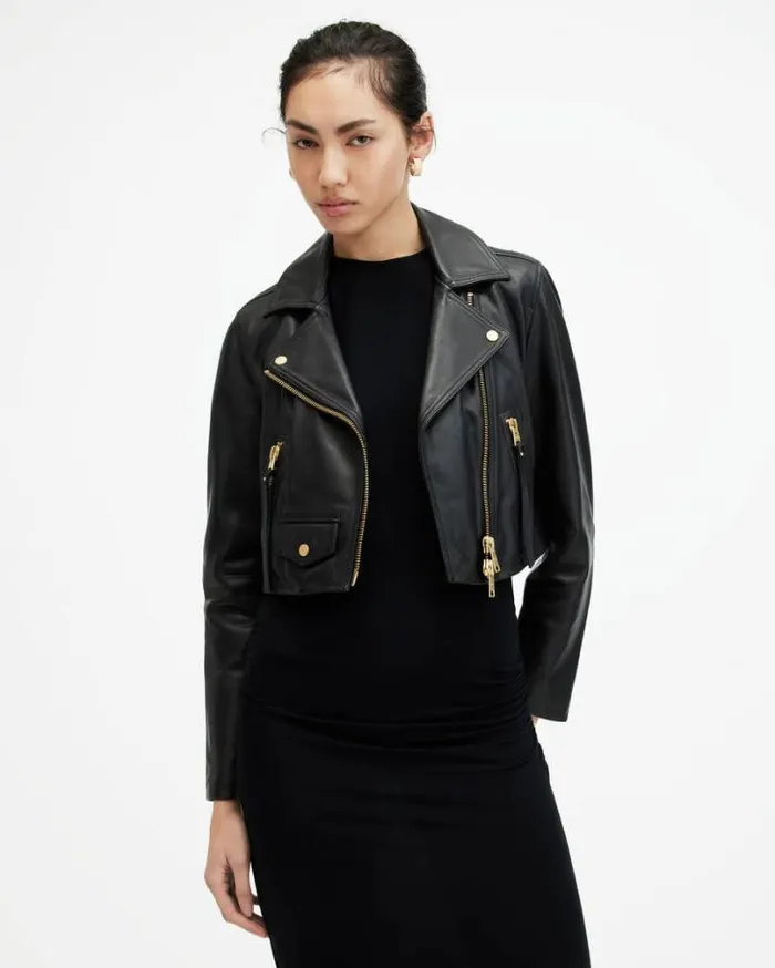 Elora Cropped Leather Biker Jacket Black Women AllSaints Leather Jackets