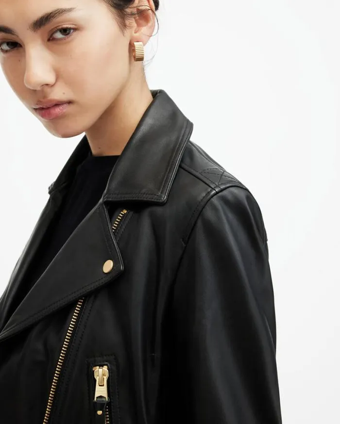 Elora Cropped Leather Biker Jacket Black Women AllSaints Leather Jackets