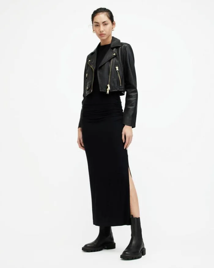 Elora Cropped Leather Biker Jacket Black Women AllSaints Leather Jackets