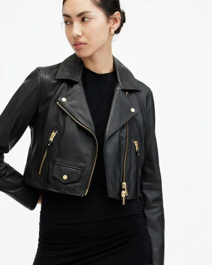 Elora Cropped Leather Biker Jacket Black Women AllSaints Leather Jackets