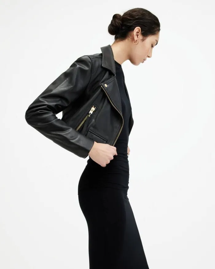 Elora Cropped Leather Biker Jacket Black Women AllSaints Leather Jackets