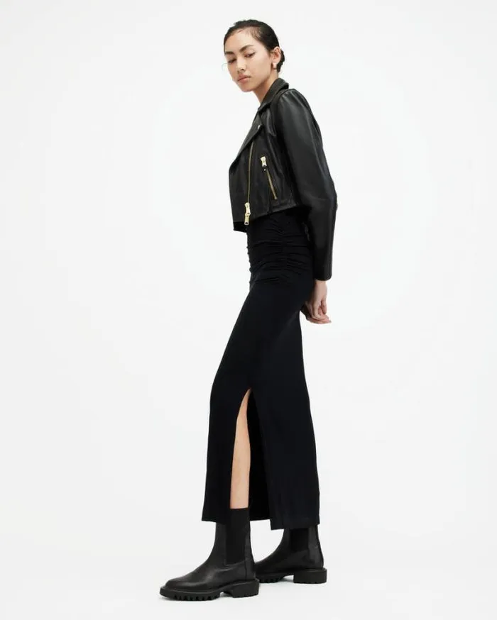 Elora Cropped Leather Biker Jacket Black Women AllSaints Leather Jackets