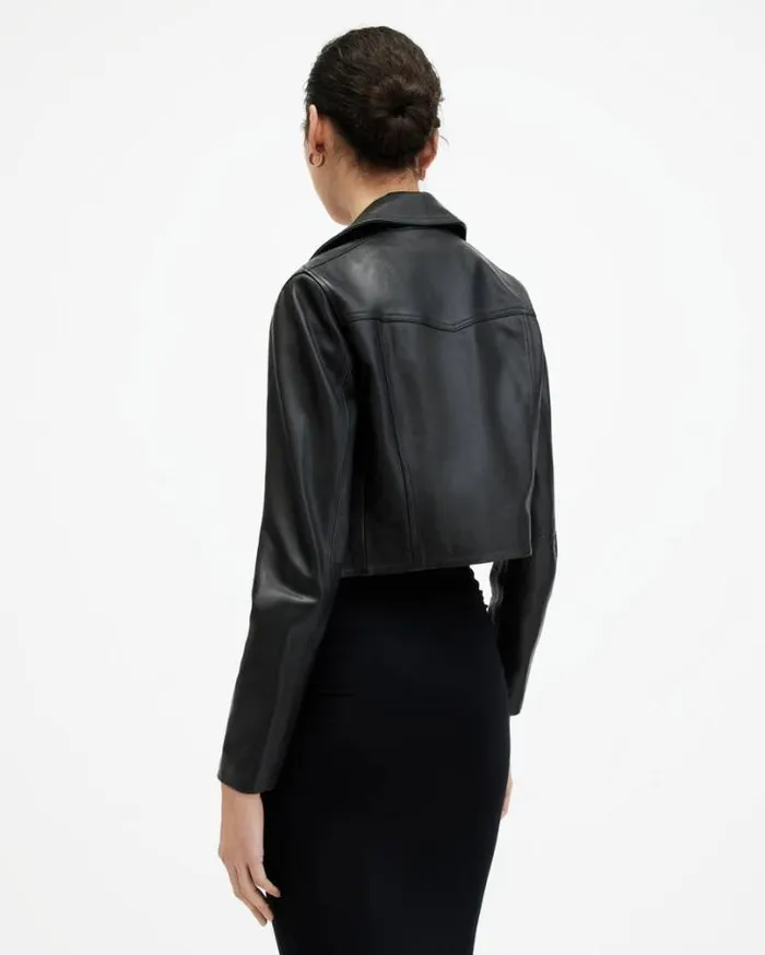 Elora Cropped Leather Biker Jacket Black Women AllSaints Leather Jackets