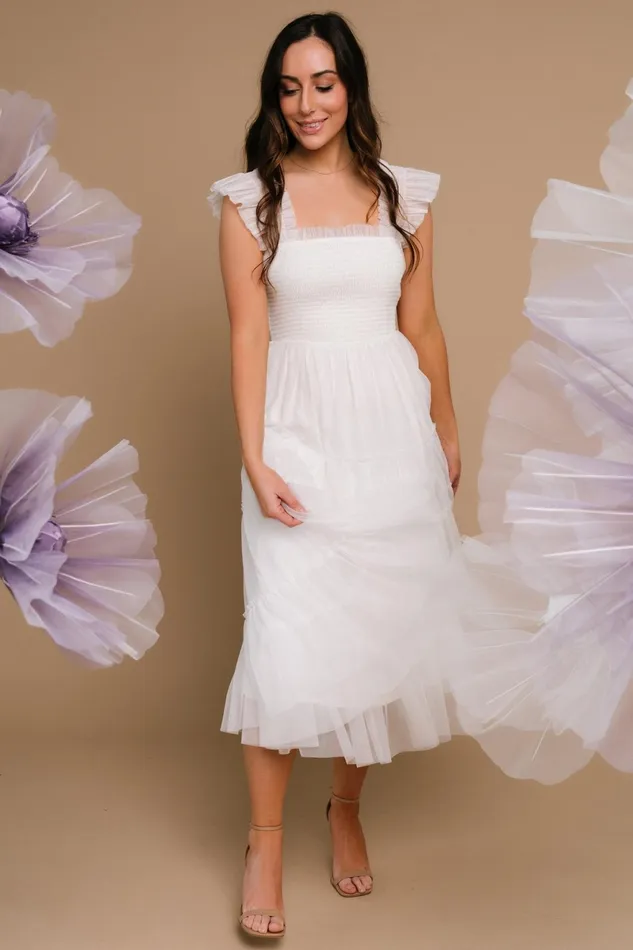 Emma Smocked Tulle Dress Off White Women Baltic Born Midi Dresses