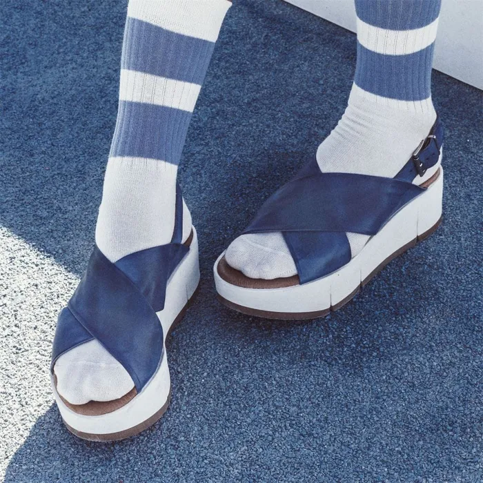 Flatform Sandals Women Moda In Pelle Ritika Blue Leather