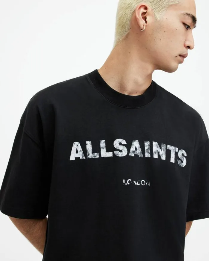 Flocker Textured Logo Print TShirt Jet Black Men AllSaints TShirts