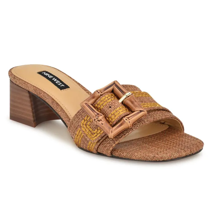 Garta Buckle Slide Sandals Brown Raffia Women Nine West Heeled Garta Buckle Slide Sandals Brown Raffia Women Nine West Heeled