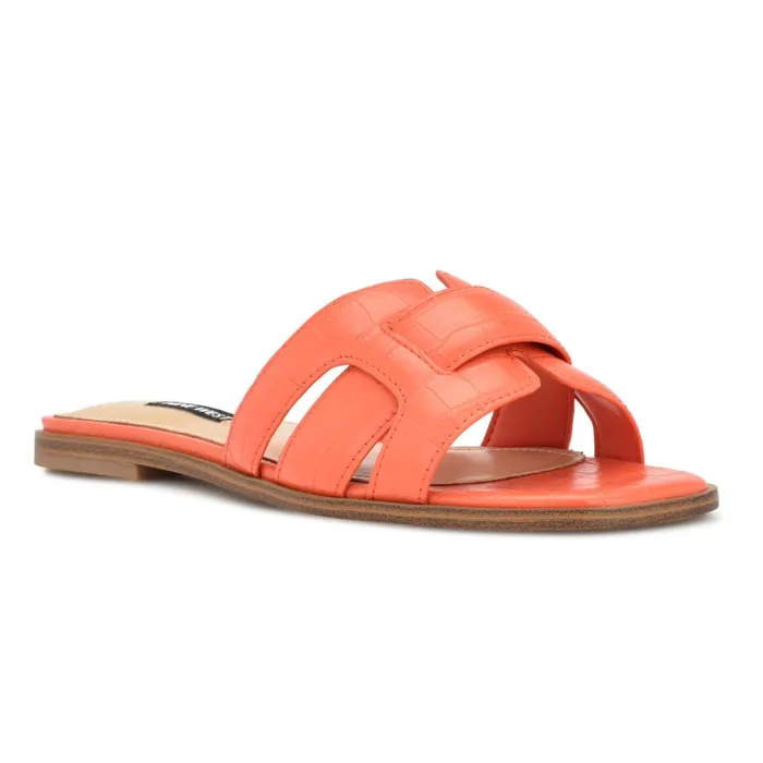 Germani Flat Slide Sandals Orange Croco Women Nine West Flats Germani Flat Slide Sandals Orange Croco Women Nine West Flats