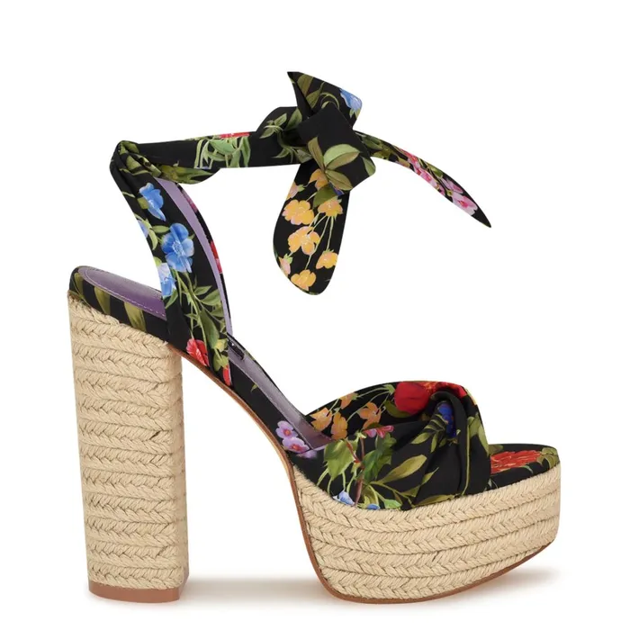 Gertha Platform Espadrille Sandals Black Floral Women Nine West High Heels