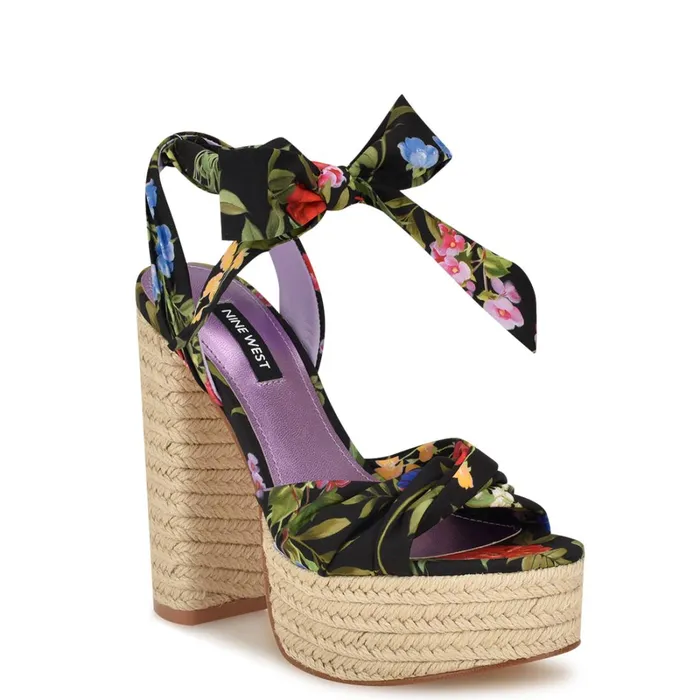 Gertha Platform Espadrille Sandals Black Floral Women Nine West High Heels