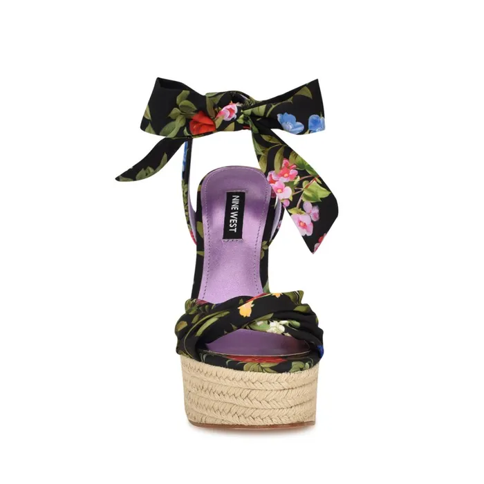 Gertha Platform Espadrille Sandals Black Floral Women Nine West High Heels