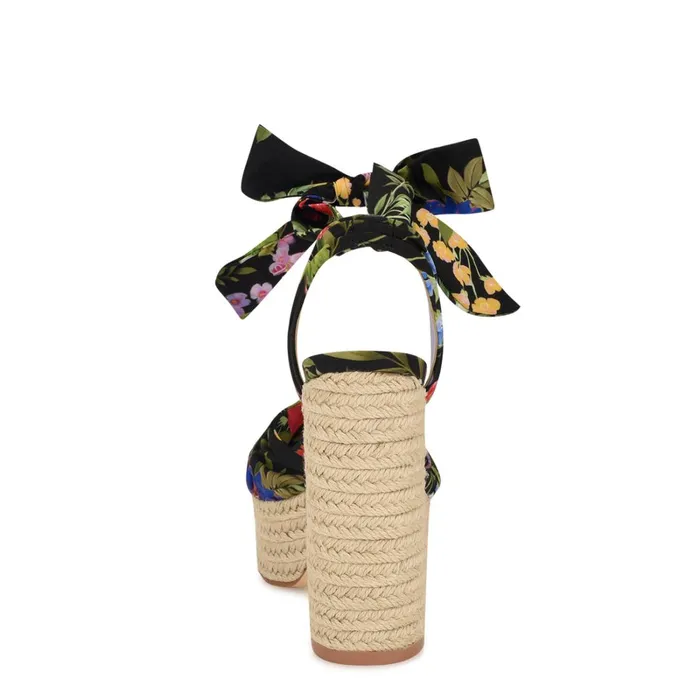 Gertha Platform Espadrille Sandals Black Floral Women Nine West High Heels