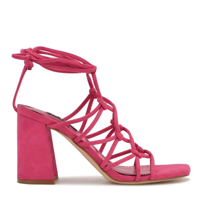 Glaven Ankle Wrap Sandals Pink Suede Women Nine West Heeled