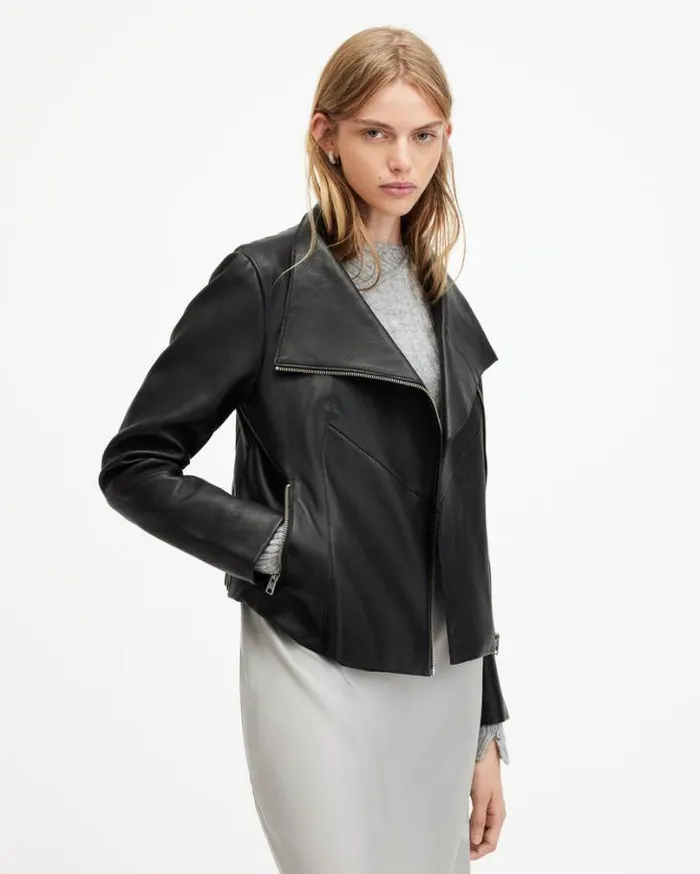 Gray Funnel Neck Draped Leather Jacket Black Women AllSaints Jackets and Coats