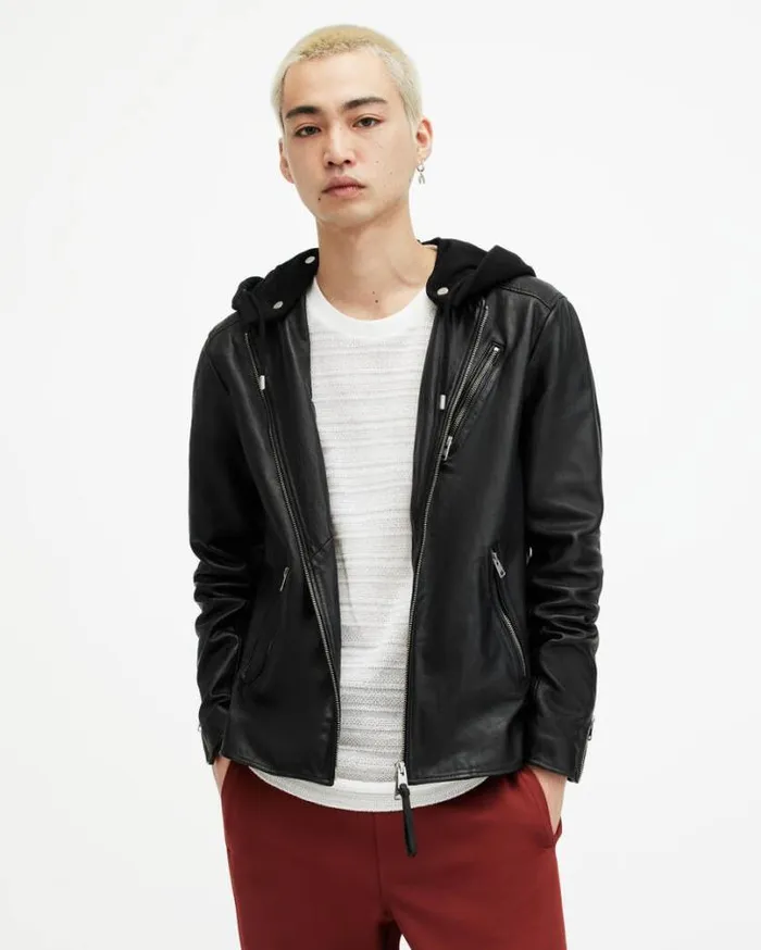 Harwood Leather Biker Jacket Black Men AllSaints Leather Jackets